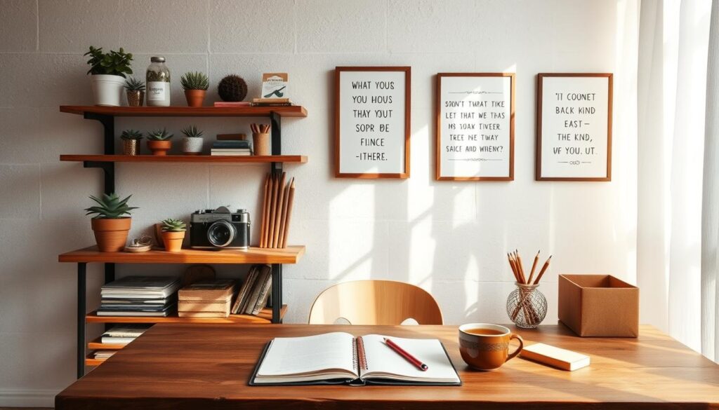 A tranquil DIY workspace, soft natural lighting filters through airy curtains. Handcrafted wooden shelves display an artful arrangement of potted succulents, a vintage camera, and various crafting supplies. Against a whitewashed wall, a series of framed photographs showcases inspirational quotes about creativity and self-expression, their designs reflecting the rustic, minimalist aesthetic. In the foreground, a wooden table holds an open sketchbook, colored pencils, and a cup of freshly brewed tea, creating an inviting atmosphere for creative pursuits. The overall scene conveys a sense of serene productivity, where thoughtful words and personal expression come together through DIY projects.