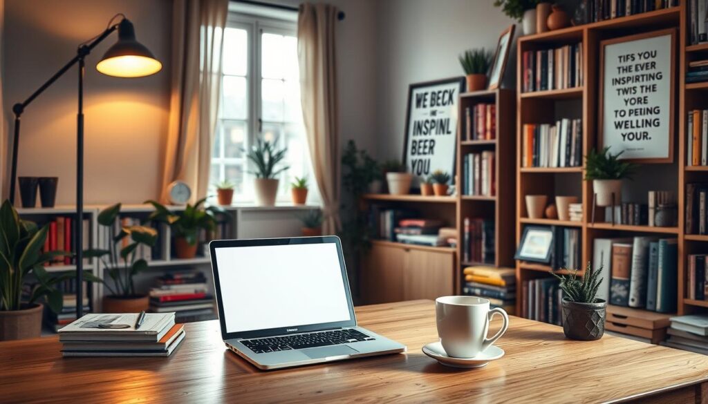 A tranquil, cozy workspace filled with neatly organized online resources for inspiration and quotes. In the foreground, a wooden desk with a laptop and a mug of hot tea. Bookshelves line the walls, holding a variety of inspirational books and journals. Soft, indirect lighting from a floor lamp and a window filtering in natural light creates a warm, contemplative atmosphere. Potted plants and a framed motivational poster add subtle pops of color. The overall scene evokes a sense of focus, creativity, and the pursuit of personal growth through the exploration of online content.