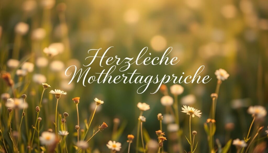 A tranquil, ethereal meadow bathed in soft, golden light. Delicate wildflowers sway gently in the breeze, their petals like whispers of poetry. In the center, an elegant calligraphic script unfurls, the words "Herzliche Muttertagssprüche" formed from shimmering, translucent lines that seem to float upon the air. The composition is balanced and serene, evoking a sense of reverence and heartfelt sentiment. The overall mood is one of timeless beauty, tenderness, and the profound appreciation for a mother's love.