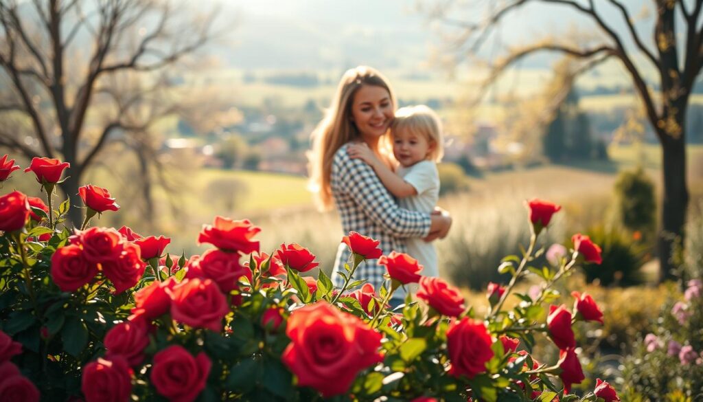 A tranquil garden scene on a warm spring day, with a central focus on a loving mother embracing her young child. The foreground features a lush, blooming floral arrangement, including vibrant red roses, symbolizing the deep, unconditional love of a mother. In the middle ground, the mother and child stand together, their expressions radiating a profound connection and joy. The background depicts a serene, sun-dappled landscape, with a distant, picturesque village nestled among rolling hills. The lighting is soft and warm, creating a gentle, intimate atmosphere that captures the essence of the Mother's Day celebration. The composition is balanced and harmonious, inviting the viewer to pause and reflect on the significance of this special day.