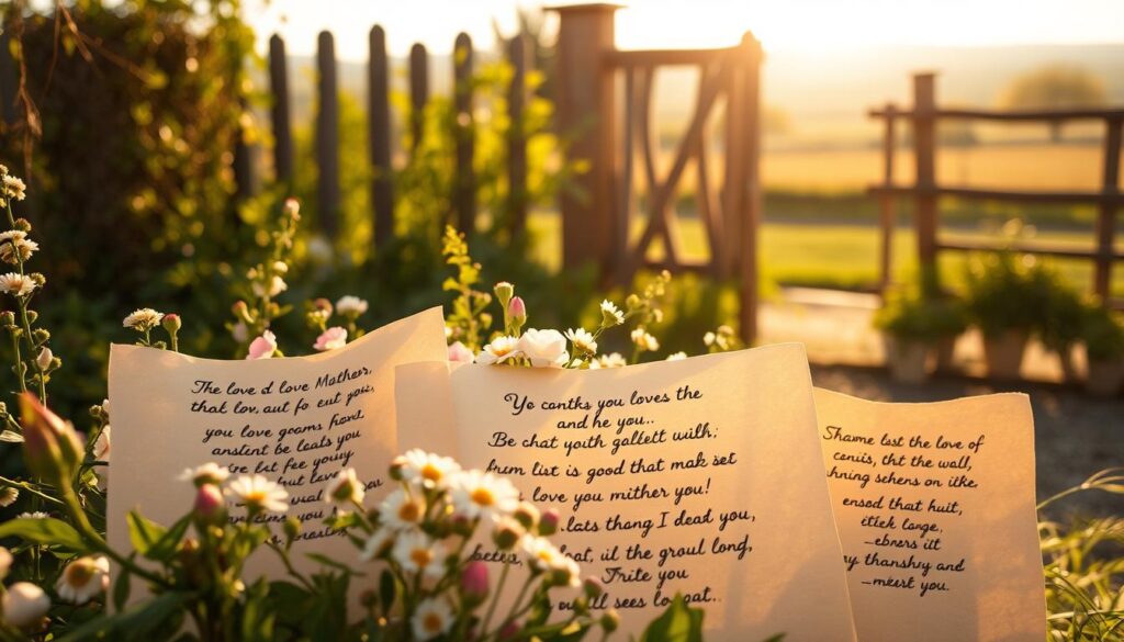 A tranquil garden setting, bathed in warm, golden sunlight. In the foreground, a selection of handwritten, classic motherly aphorisms calligraphically rendered on parchment-like paper, capturing timeless sentiments of love, gratitude, and encouragement. The middle ground features a gentle floral arrangement, delicate blooms and lush greenery framing the heartfelt messages. In the background, a weathered wooden fence and a glimpse of a picturesque countryside landscape, suggesting a sense of tradition and enduring family bonds. The overall atmosphere is one of serene contemplation, inviting the viewer to pause and reflect on the cherished maternal wisdom embodied in these timeless phrases.