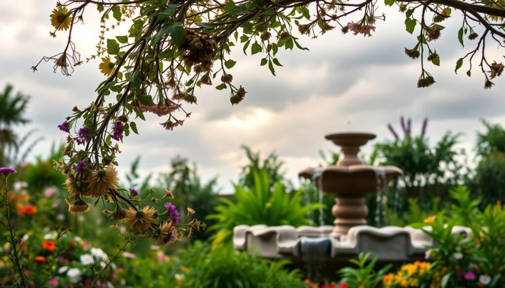 A tranquil garden setting, with a wreath of wildflowers and foliage floating in the foreground. In the middle ground, a serene stone fountain gently cascades, surrounded by lush, verdant plants. In the background, a cloudy sky with soft, diffused lighting bathes the scene in a warm, contemplative glow. The overall mood is one of quiet reflection and maternal wisdom, inviting the viewer to ponder the timeless quotes about mothers and their enduring influence.