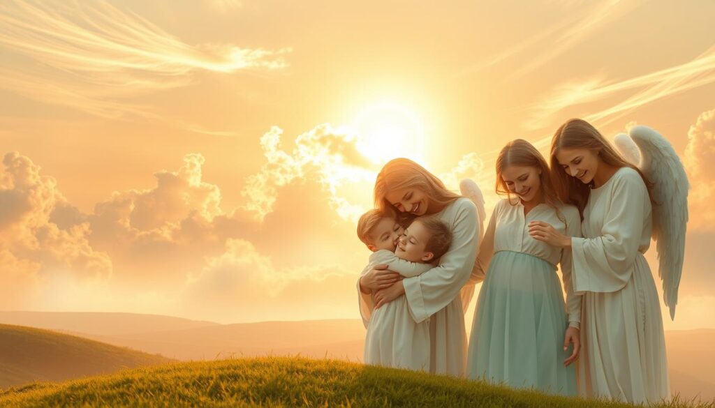 A tranquil heavenly scene, bathed in soft, warm light. In the foreground, a group of serene, angelic mothers gently embrace their children, their faces radiating love and peace. In the middle ground, wispy clouds part to reveal a golden, luminous sky, evoking a sense of transcendence. The background is a dreamlike, pastel-hued landscape, with rolling hills and lush, verdant meadows. Throughout the image, a sense of serenity, comfort, and eternal connection permeates, perfectly capturing the sentiment of "Mütter im Himmel" - mothers in heaven, watching over their loved ones with unwavering devotion.