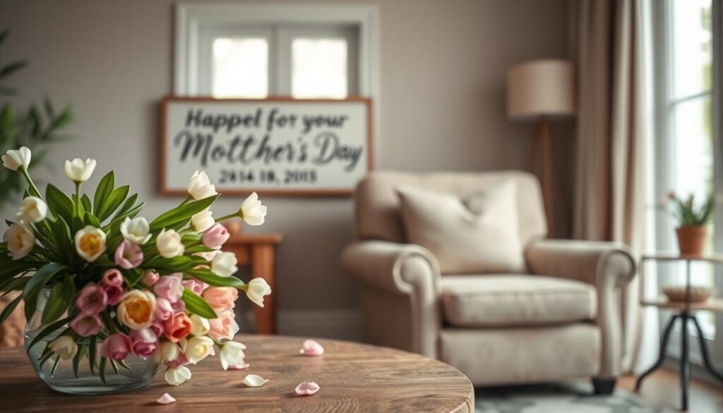A tranquil home interior with a cozy, warm ambiance. In the foreground, a rustic wooden table holds a bouquet of fresh spring flowers, petals gently falling. Above, a hand-painted sign displays a heartfelt personalized message for a beloved mother, the lettering elegant and flowing. The middle ground features a plush armchair, its fabric patterned with soothing hues. Soft natural light filters in through a large window, casting a serene glow. The background blurs into a harmonious, inviting space, hinting at the comfort and care that emanates from this special Mother's Day celebration.