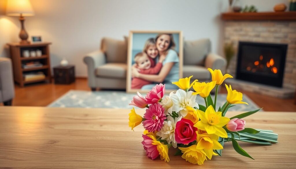 A tranquil indoor scene with a warm, gentle lighting. In the foreground, a delicately crafted bouquet of vibrant spring flowers - tulips, daffodils, and carnations - rests on a polished wooden table. The middle ground features a framed photograph of a smiling mother and child, their embrace conveying a profound bond. In the background, a cozy living room with soft, earthy tones and a inviting fireplace, creating a soothing and comforting atmosphere. The overall mood is one of gratitude, appreciation, and heartfelt admiration for the maternal figure.