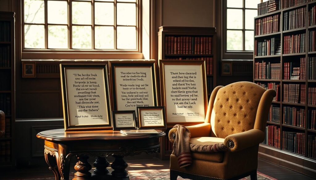 A tranquil library interior, with soft natural lighting filtering through large windows. Rows of weathered leather-bound books line the walls, casting warm shadows. In the foreground, a ornate wooden table holds several framed quotes about mothers and their wisdom, the frames themselves reflecting the vintage aesthetic. A cozy armchair sits nearby, inviting the viewer to settle in and ponder the insightful words. The overall mood is one of contemplation and reverence, a space where the timeless insights of mothers are celebrated.