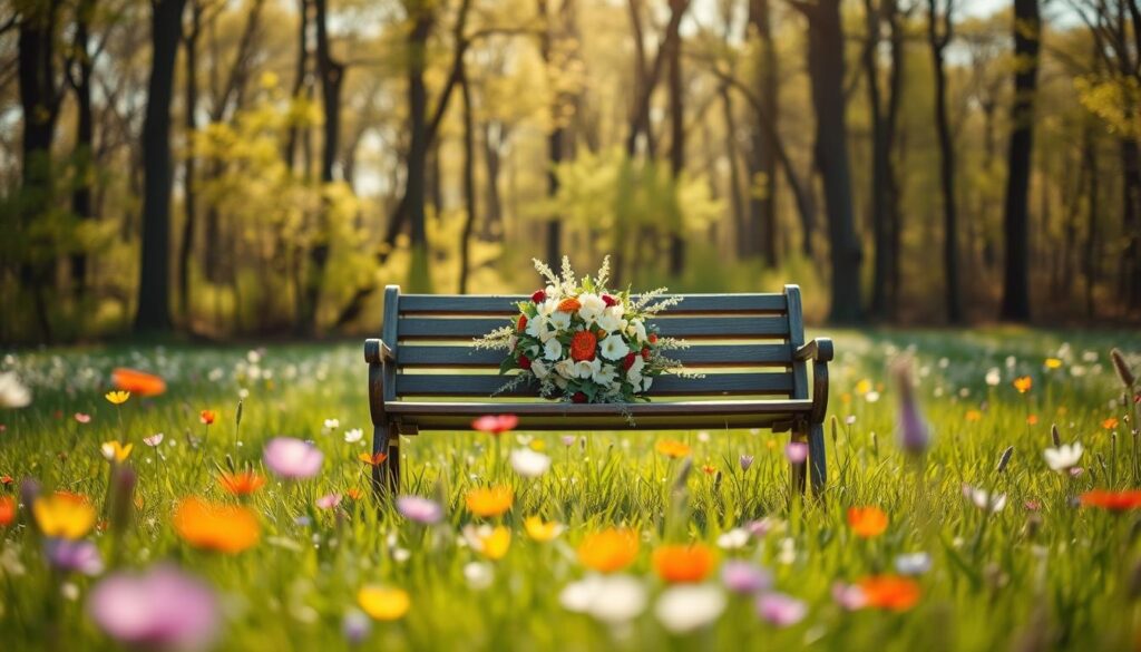 A tranquil meadow on a sunny spring day, with vibrant flowers in the foreground. In the middle ground, a wooden bench adorned with a delicate floral arrangement. Behind it, a serene forest backdrop with soft light filtering through the trees, creating a warm, inviting ambiance. The scene evokes a sense of peace and appreciation for nature, mirroring the sentiment of "Gedichte und Reime zum Muttertag". The image should be captured with a shallow depth of field, emphasizing the focal point of the floral display on the bench.