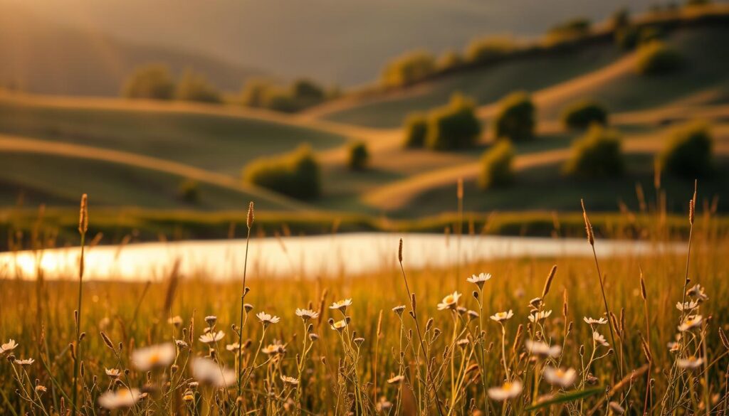 A tranquil meadow with dainty wildflowers in the foreground, their delicate petals swaying gently in a soft breeze. In the middle ground, a serene pond reflects the warm, golden light of the setting sun, creating a dreamlike atmosphere. In the background, rolling hills dotted with lush, verdant trees fade into the distance, framing the scene with a sense of peaceful isolation. The lighting is soft and diffused, casting a warm, emotive glow over the entire composition. The overall mood is one of profound, tender emotions, perfectly suited to convey a heartfelt, inspiring message.