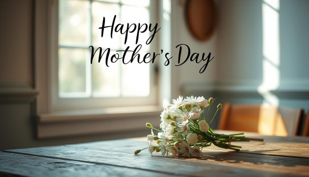 A tranquil mother's day scene, with a delicate bouquet of fresh flowers sitting atop a rustic wooden table. Soft natural light filters through a window, casting a warm, inviting glow. Handwritten calligraphy-style text floats gracefully above the flowers, conveying a heartfelt, creative message of appreciation. The overall mood is one of serene, heartfelt gratitude, befitting a thoughtful mother's day card.