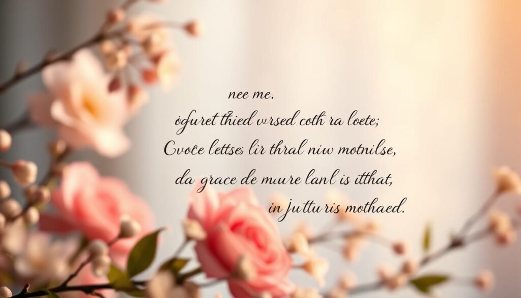 A tranquil, romantic scene with a softly-lit, elegant background featuring delicate floral elements. In the foreground, a serene calligraphic script depicting heartfelt, inspirational quotes about mothers, their love and importance. The composition is harmonious, with a warm, soothing color palette evoking a sense of comfort and appreciation. Gentle bokeh effects create a dreamlike, ethereal atmosphere, perfectly capturing the essence of the section "Schöne Zitate als Inspiration".