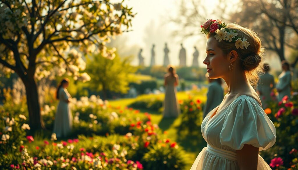 A tranquil scene depicting the history of Mother's Day. In the foreground, a serene woman in a flowing white dress, crowned with a wreath of flowers, represents the maternal figure at the heart of the celebration. The middle ground features a lush, verdant garden, with blossoming trees and vibrant flowers casting warm, golden light across the scene. In the background, hazy silhouettes of mothers and children from different eras gather, symbolizing the timeless tradition of honoring motherhood. The overall atmosphere is one of reverence, nostalgia, and a deep appreciation for the enduring role of mothers throughout history.