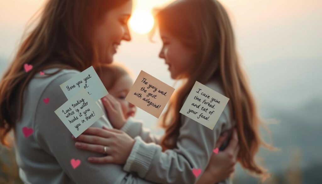A tranquil scene of a loving mother and her daughter sharing a tender moment. In the foreground, the mother gently embraces her child, their faces illuminated by soft, warm lighting that casts a cozy glow. In the middle ground, handwritten romantic notes flutter in the air, their words of affection and appreciation suspended in a dreamlike haze. The background fades into a serene, pastel-tinted landscape, evoking a sense of harmony and profound connection. The overall mood is one of intimacy, gratitude, and the profound significance of the bond between a mother and her child.