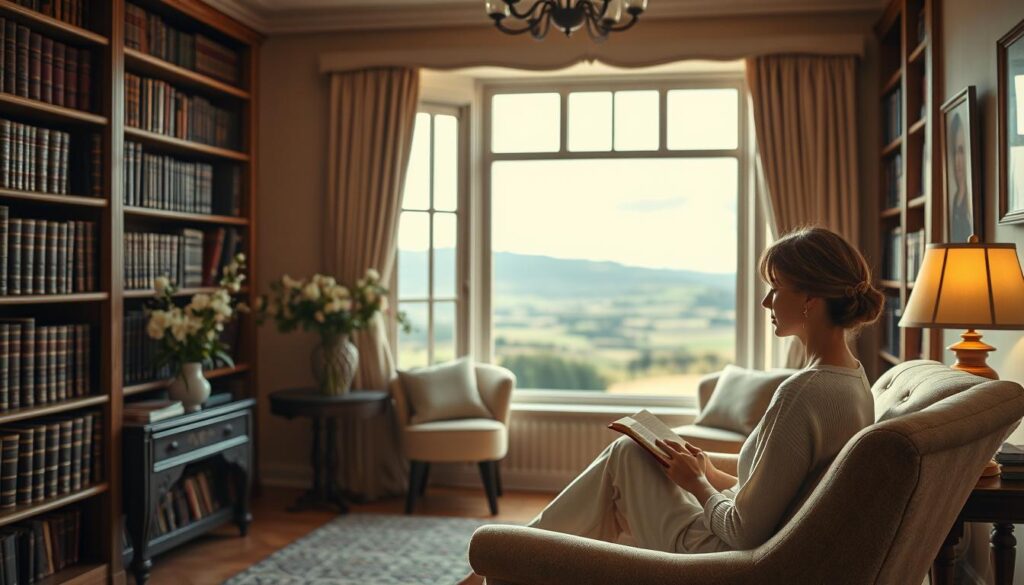 A tranquil scene of a tastefully decorated study, illuminated by soft, warm lighting. In the foreground, a serene, contemplative woman sits in a comfortable armchair, a book resting gently in her lap. Surrounding her, shelves filled with leather-bound volumes, a vase of fresh flowers, and a calming, neutral color palette create an atmosphere of quiet introspection. In the middle ground, a large window frames a picturesque outdoor landscape, conveying a sense of connection between the indoor and outdoor realms. The overall mood is one of thoughtfulness, wisdom, and a reverence for the written word - a space conducive to reflecting on the profound insights and perspectives offered by celebrated individuals on the subject of motherhood.