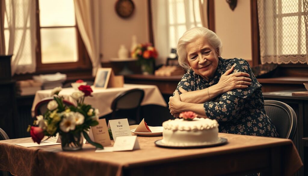 A tranquil scene of a traditional German Muttertag (Mother's Day) celebration in the early 20th century. In the foreground, a young woman in a floral dress embraces her elderly mother, their expressions radiating warmth and gratitude. The middle ground features a table adorned with handmade cards, fresh flowers, and a simple but heartfelt homemade cake. In the background, a cozy interior with wooden furnishings and lace curtains evokes a sense of timeless domesticity. Soft, diffused lighting imbues the scene with a nostalgic, sepia-toned ambiance, capturing the reverence and cherished family traditions of this historic holiday.