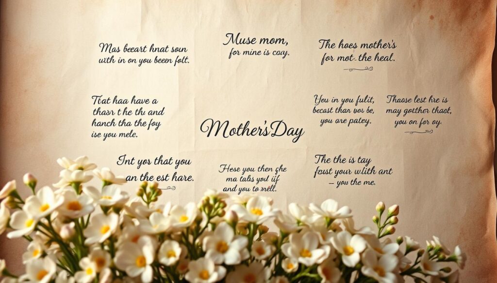A tranquil scene showcasing an elegant collage of handwritten Mother's Day quotes on an aged parchment-like surface. In the foreground, a bouquet of delicate flowers in soft pastel hues frame the central composition. The middle ground features the various heartfelt messages, each with a unique calligraphic style, against a subtly textured background. The lighting is warm and gentle, creating a cozy, nostalgic atmosphere. The camera angle is slightly elevated, providing an encompassing view of the heartfelt display. The overall composition evokes a sense of timeless reverence and appreciation for mothers.