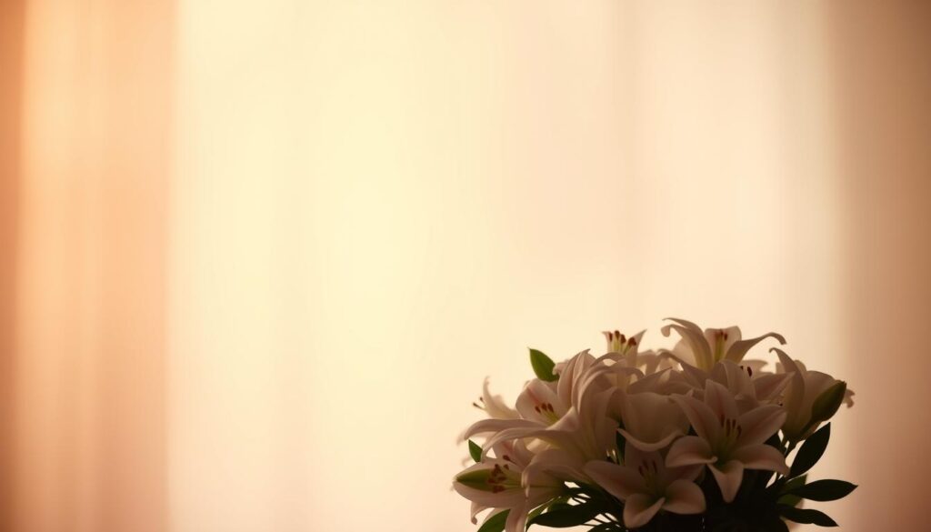 A tranquil, serene scene with a warm, diffused lighting illuminating a central floral arrangement. In the foreground, a bouquet of delicate flowers, perhaps lilies or roses, symbolizing the beauty and nurturing nature of mothers. The middle ground features a serene, neutral-toned background, allowing the floral focal point to take center stage. In the background, a soft, blurred effect creates a sense of calmness and contemplation, inviting the viewer to reflect on the profound influence and importance of mothers. The overall atmosphere is one of reverence, gratitude, and appreciation for the unconditional love and guidance that mothers provide.