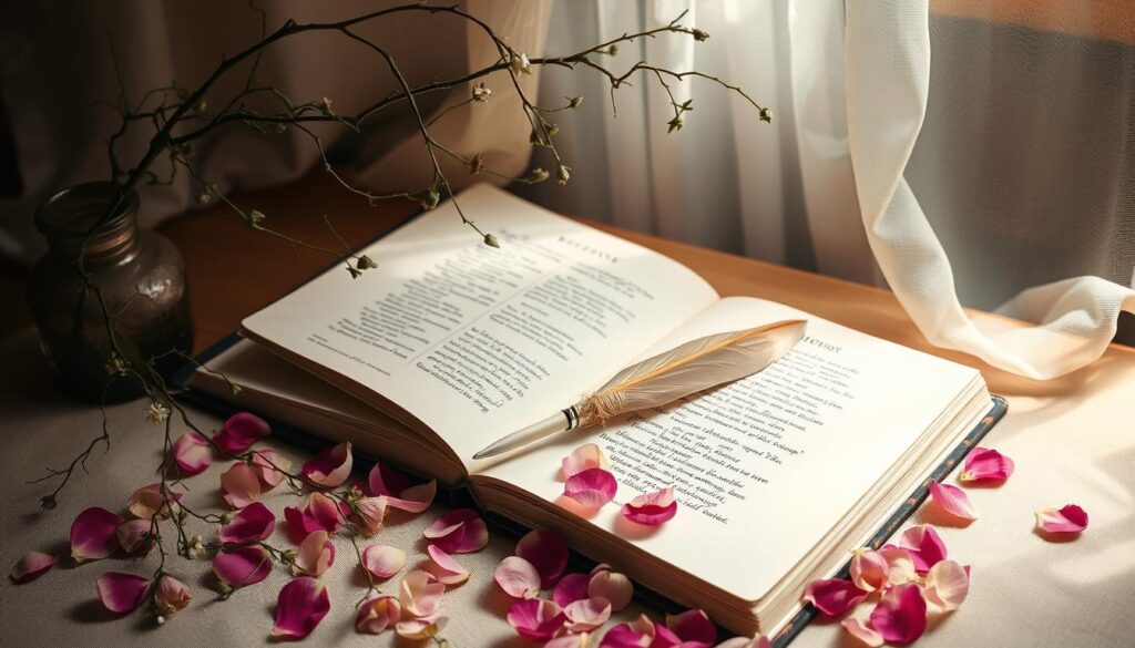 A tranquil study setting with an open book of poetry, a quill pen, and a stack of handwritten verses nestled amongst cascading flower petals. Soft, diffused lighting filters through sheer curtains, casting a warm, romantic glow. Delicate plant tendrils reach across the scene, adding a sense of organic, earthy texture. The arrangement suggests the thoughtful, heartfelt act of crafting and gifting poetic expressions - a sincere, creative gesture to celebrate a special occasion. The overall mood is one of quiet contemplation, artistic inspiration, and heartfelt sentiment.