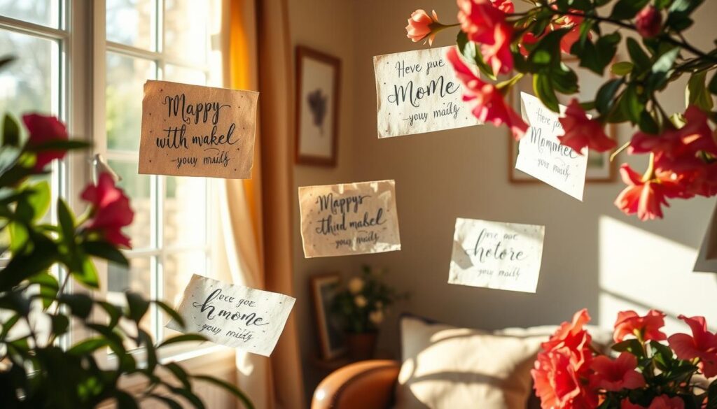 A tranquil, sun-dappled corner of a cozy home, where delicate calligraphic phrases float through the air, scrawled in vibrant inks on handcrafted papers. Vibrant flowers, lush and verdant, frame the scene, their petals gently swaying. Soft natural light filters in, casting a warm, inviting glow over the intimate tableau. Elegant yet whimsical, the composition evokes a sense of heartfelt sentiment, a celebration of the special bond between mother and child. The viewer is drawn into this moment of thoughtful creativity, inspired to craft their own personalized message of love and appreciation.