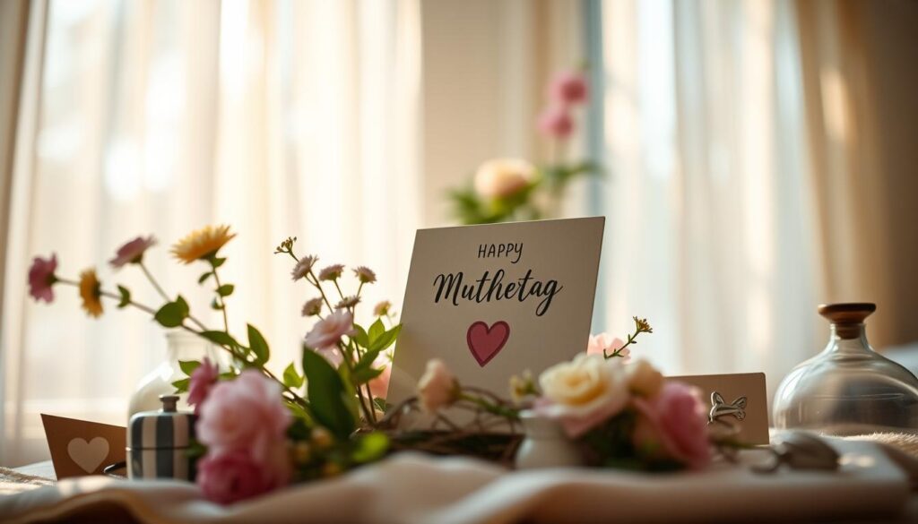 A tranquil, sun-dappled home interior, showcasing a hand-crafted Muttertag card nestled amidst a cozy arrangement of fresh flowers, sentimental tokens, and family heirlooms. Soft, warm lighting filters through sheer curtains, creating a contemplative, intimate atmosphere. The card's heartfelt message is subtly implied, reflecting the deep significance of Muttertag and the cherished bond between mother and child. Depth of field draws the viewer's eye to the central display, while the peripheral details evoke a sense of domestic warmth and profound gratitude. Captured with a medium format lens, the image conveys a timeless, artisanal quality befitting the importance of the occasion.