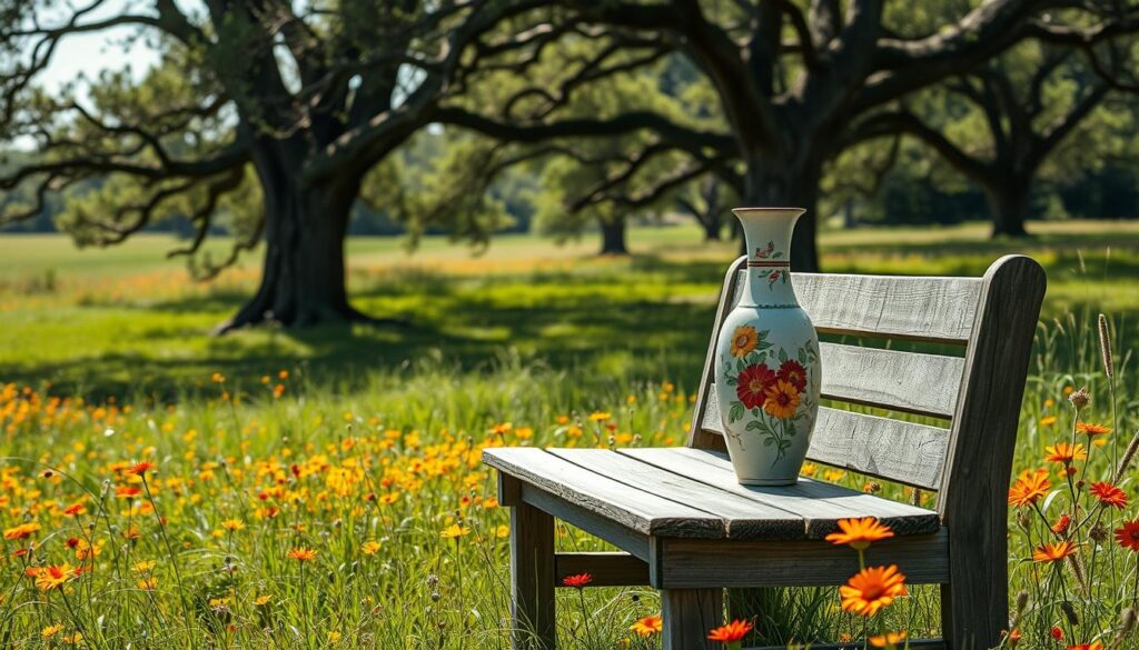 A tranquil, sun-dappled meadow stretches out, its lush verdant grass dotted with vibrant wildflowers in warm hues of orange, red, and yellow. In the foreground, a weathered wooden bench stands, inviting the viewer to sit and immerse themselves in the serene ambiance. In the middle ground, a delicate hand-painted vase rests atop the bench, its surface adorned with intricate floral patterns that echo the blooms surrounding it. Behind the bench, a row of mature oak trees line the edges of the meadow, their branches swaying gently in a soft breeze, casting gentle shadows across the scene. The overall atmosphere is one of tranquility, inviting contemplation and the appreciation of the simple beauty of nature.