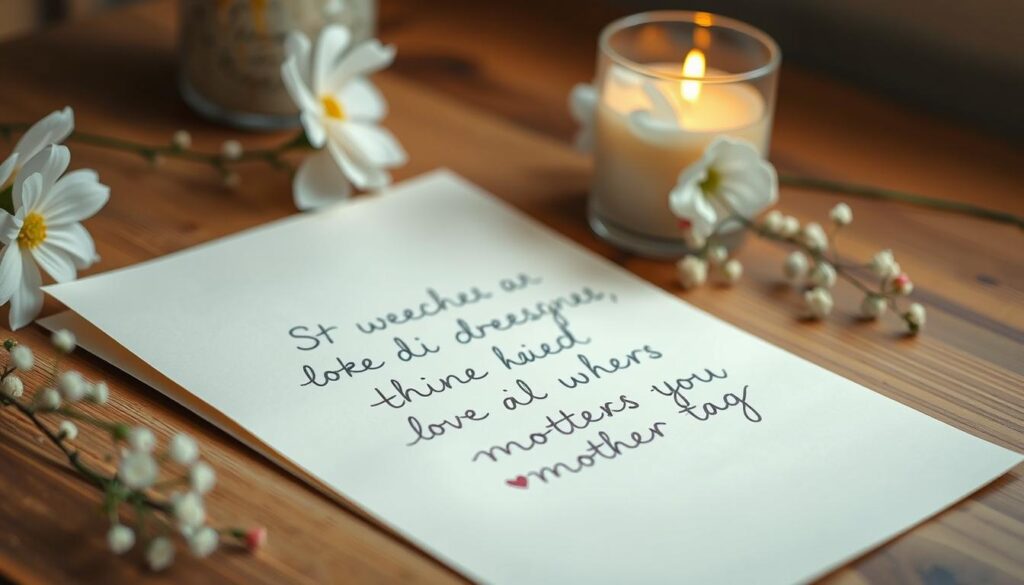 A tranquil, warm-lit scene featuring a heartfelt handwritten letter on a wooden table, surrounded by delicate floral accents. The letter's ink flows with an emotional, cursive script, conveying a tender message of gratitude and love for a mother figure. Soft, diffused lighting casts a gentle glow, evoking a sense of intimacy and appreciation. The overall composition radiates a sentimental, thoughtful atmosphere, perfectly capturing the essence of "Emotionale Zitate für den Muttertag".