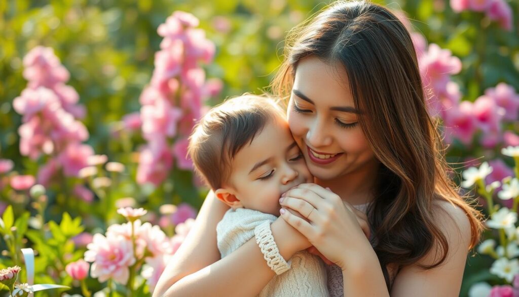 A tranquil, warm scene of a mother and child embracing, surrounded by a lush, floral garden. The mother's gentle expression radiates pure love and gratitude, her hands tenderly cradling the child's face. Soft, golden light filters through the scene, casting a serene, ethereal glow. The background features a vibrant array of blooming flowers in shades of pink, purple, and white, creating a verdant, nature-inspired setting. The composition is balanced and harmonious, conveying a sense of profound appreciation and heartfelt appreciation.