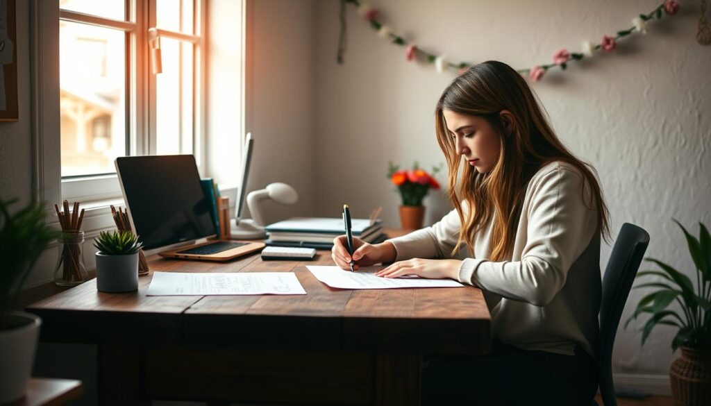 A tranquil workspace with a focused young woman intently handwriting inspirational quotes on a rustic wooden desk. Soft natural lighting filters through a nearby window, casting a warm glow. In the background, a whimsical floral garland cascades along the wall, adding a touch of creativity. Carefully selected office supplies and a potted plant complete the serene, thoughtful atmosphere, encouraging the woman's personal expression through meaningful, heartfelt phrases.