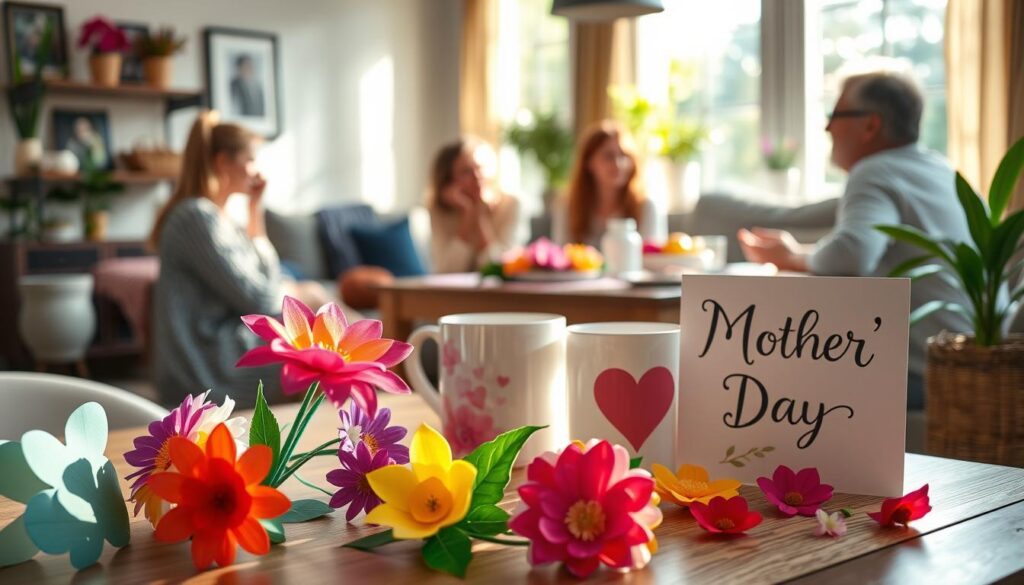 A vibrant Mother's Day celebration scene, captured in a warm, inviting light. In the foreground, an artful display of handmade crafts and gifts - colorful paper flowers, a personalized mug, and a heartfelt card. In the middle ground, a family gathers around a table, sharing a homemade brunch and lively conversation. The background features a cozy, sun-drenched living room, with potted plants and framed family photos adding a touch of coziness. The overall atmosphere exudes joy, appreciation, and the special bond between a mother and her loved ones.