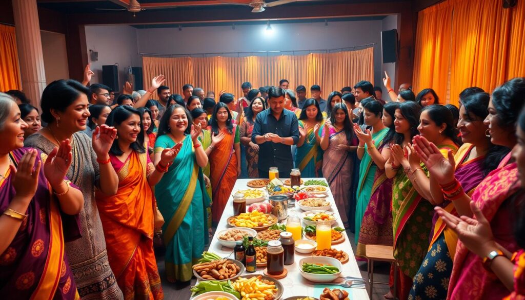 A vibrant and celebratory international gathering, with people of diverse cultures and backgrounds joyfully celebrating together. In the foreground, a lively group of men and women in traditional ethnic attire - colorful saris, embroidered dresses, and festive headpieces - dancing and clapping to the rhythm of lively music. In the middle ground, long tables laden with an array of international dishes and drinks, creating a festive, communal atmosphere. In the background, a warm, golden-hued lighting illuminates the scene, casting a soft, celebratory glow. The mood is one of unity, connection, and the universal appreciation of motherhood across cultures.