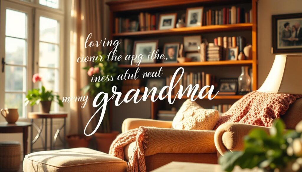 A vibrant and cozy scene of a warm, sunlit living room. In the foreground, a delicate calligraphic script gracefully unfurls, conveying a heartfelt message of love and appreciation for grandma. The middle ground features a plush, comfortable armchair, adorned with a crocheted throw blanket, inviting the viewer to imagine a cherished moment of connection. In the background, a bookshelf filled with treasured volumes and framed family photographs hints at the rich history and traditions that grandma has passed down. The overall mood is one of comfort, nostalgia, and the deep, abiding bond between grandchild and grandparent.