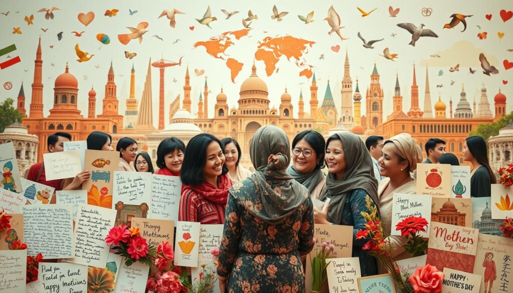 A vibrant and diverse scene depicting the cultural influences on Mother's Day greetings around the world. In the foreground, a collage of handwritten notes, cards, and floral arrangements in various styles and languages, reflecting the diverse artistic traditions of different cultures. In the middle ground, a group of women of various ethnicities and ages, gathered together and sharing heartfelt sentiments. In the background, a tapestry of global landmarks, architectural styles, and symbolic motifs that evoke the international nature of this celebration. Warm, soft lighting casts a comforting glow, while a sense of unity and connection permeates the composition. Captured with a wide-angle lens to convey the breadth and richness of these cultural traditions.