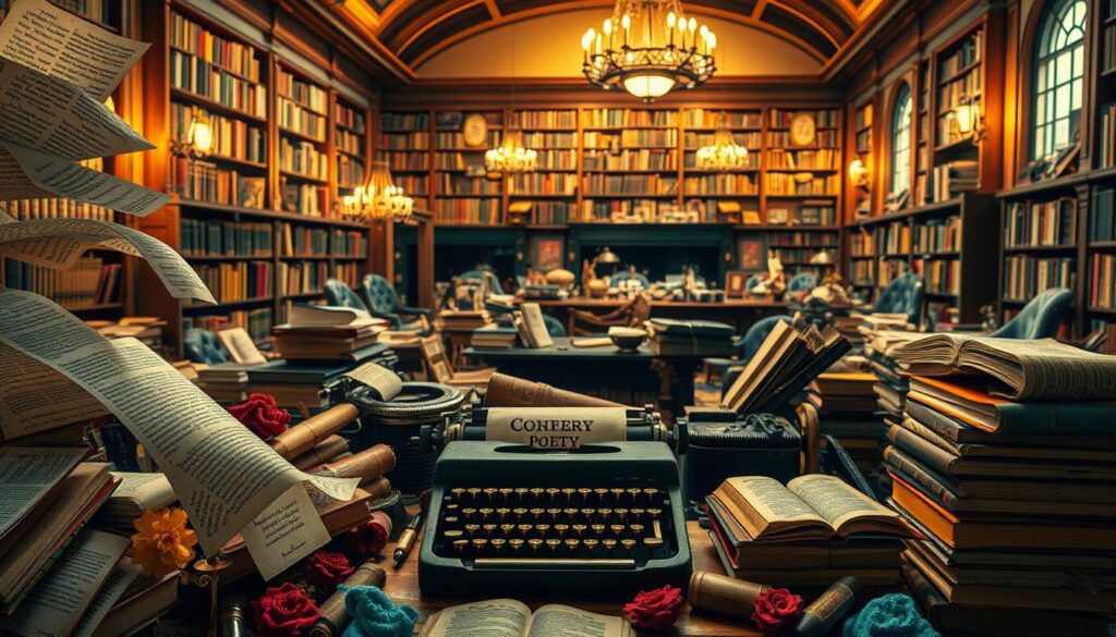 A vibrant and diverse tapestry of poetic forms, hues, and textures. In the foreground, a kaleidoscope of verses, sonnets, haikus, and free-form expressions flow and intertwine, each with its own unique rhythm and cadence. The middle ground showcases an array of vintage typewriters, fountain pens, and antique books, evoking the timeless craft of poetry. In the background, a warm, golden-hued library setting with towering bookshelves, cozy reading nooks, and a soft, ambient lighting that casts a contemplative glow. The overall atmosphere is one of creative inspiration, literary tradition, and the rich, multifaceted nature of poetic expression.