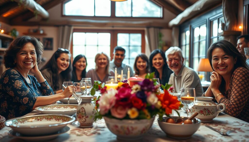 A vibrant and festive celebration of special occasions, captured in a warm and inviting scene. In the foreground, a beautifully decorated table with ornate ceramic dishes, delicate floral arrangements, and a soft, ambient light illuminating the setting. In the middle ground, a group of friends and family gathered around, their expressions radiating joy and togetherness. The background features a cozy, rustic interior with wooden accents and a large window, allowing natural light to flood the space and create a sense of openness and tranquility. The overall mood is one of gratitude, connection, and the cherishing of meaningful moments.