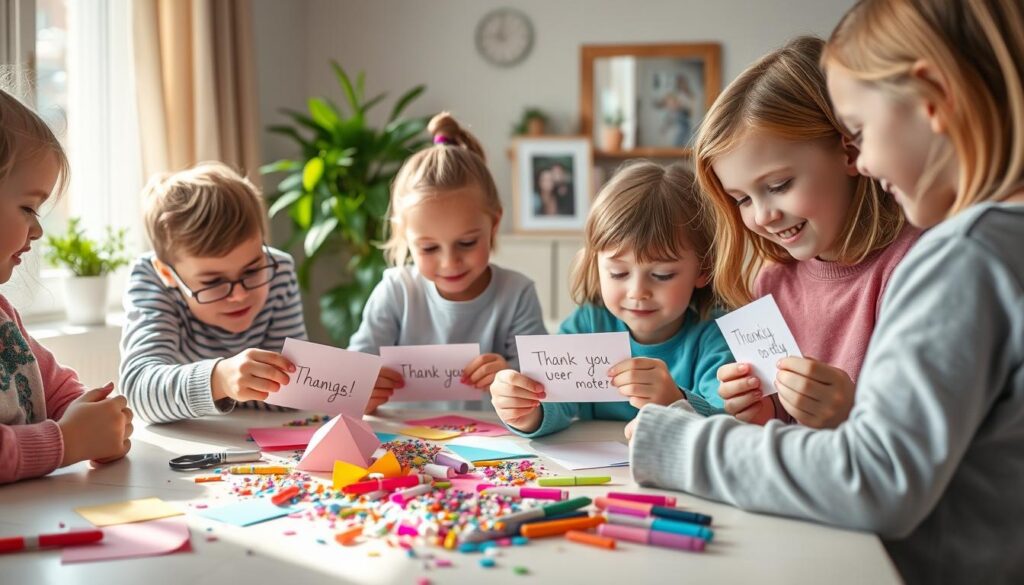 A vibrant and heartwarming scene of children gathered around a table, handcrafting personalized thank-you cards for their mothers. Soft natural lighting filters through an airy, sun-dappled room, casting a warm glow on the children's faces as they carefully select decorations and craft their messages of gratitude. Colorful construction paper, glitter, and markers litter the tabletop, reflecting the children's creativity and enthusiasm. In the background, a verdant indoor plant and a family photo frame suggest a cozy, domestic setting, further emphasizing the intimate, familial atmosphere. The children's expressions convey a sense of joy, pride, and deep appreciation as they pour their hearts into their handmade Muttertagssprüche.