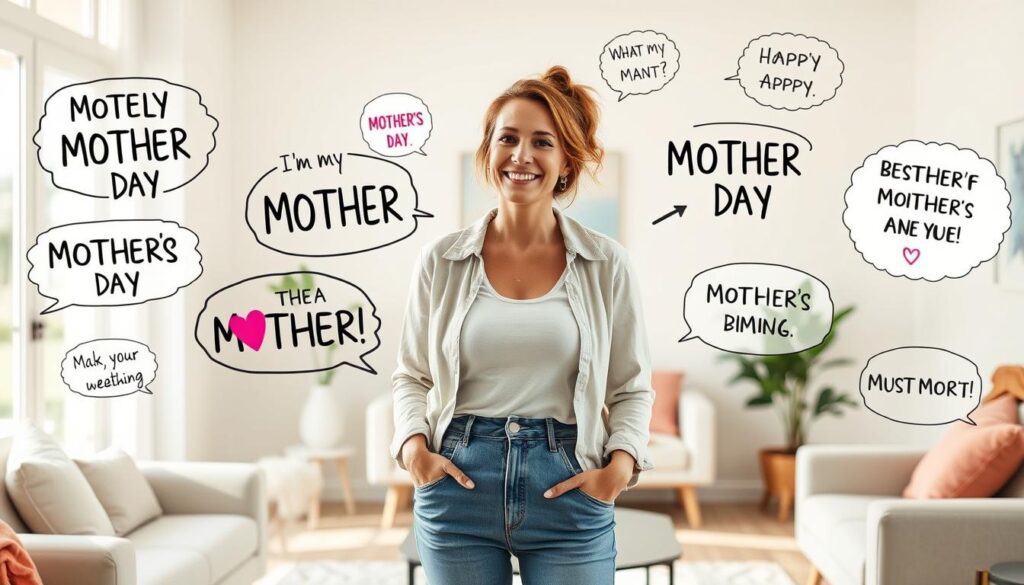A vibrant and humorous mother's day scene featuring a smiling, casually dressed woman surrounded by playful, hand-drawn text bubbles with witty, heartwarming messages. The woman stands in a bright, airy living room setting with modern furniture and pastel accents. Soft, diffused lighting creates a cheerful, inviting atmosphere. The text bubbles float whimsically around the woman, showcasing clever, relatable mother's day sentiments in a variety of playful fonts and colors. The overall composition captures the lighthearted, joyful spirit of the occasion.