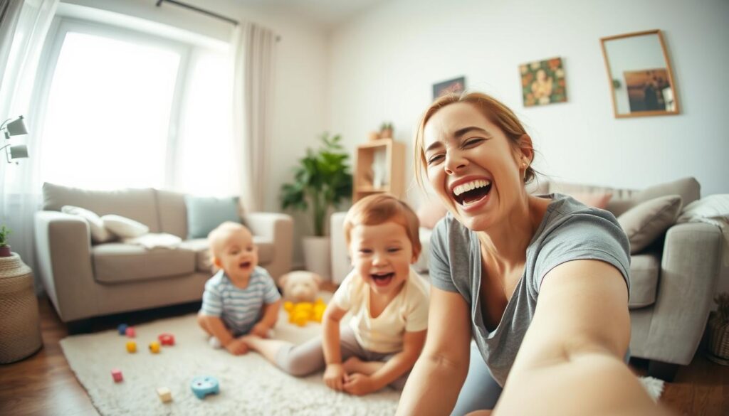 A vibrant and humorous scene of a mother and child playfully interacting. In the foreground, the mother is laughing heartily, her face alight with joy and warmth. The child, sitting on the floor, is giggling mischievously, their bond palpable. In the middle ground, a cozy, sunlit living room setting with plush furnishings and scattered toys. The atmosphere is one of lighthearted ease and familial love. Soft, diffused lighting and a slight fish-eye lens distortion create a intimate, candid feel. This image captures the pure, unguarded humor that can arise in the everyday moments of motherhood.
