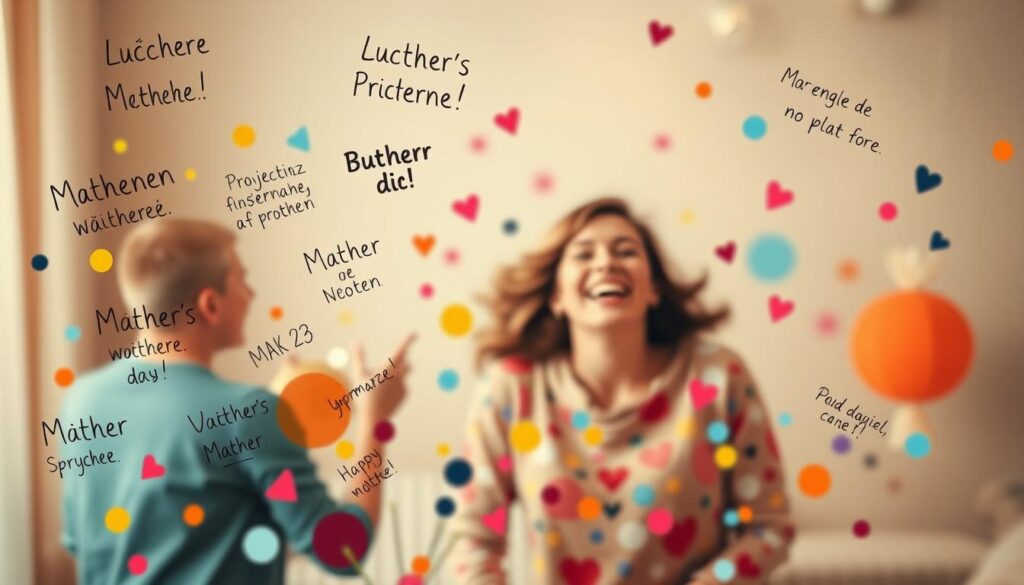 A vibrant and humorous scene of an endearing mother's day celebration. In the foreground, a whimsical collection of handwritten "lustige Sprüche" or funny sayings float in the air, reflecting the playful and lighthearted mood. The middle ground features a joyful mother figure, surrounded by colorful, abstract shapes and patterns, exuding warmth and a spirited energy. The background depicts a soft, dreamlike setting with muted tones, creating a cozy and intimate atmosphere. The overall composition radiates a sense of joy, affection, and the inimitable bond between a mother and child. Soft, diffused lighting casts a gentle glow, accentuating the heartfelt and delightful nature of the scene.