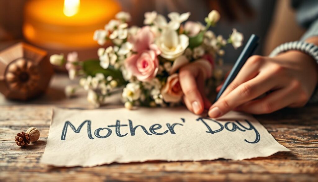 A vibrant and playful composition showcasing the creation of personalized Mother's Day phrases. In the foreground, a person's hands crafting handwritten text on a rustic paper surface, their fingers delicately forming each letter. Behind them, a muted floral bouquet adds a soft, feminine touch. Warm, diffused lighting casts a cozy glow, while a blurred background suggests a serene, domestic setting. The overall mood is one of thoughtfulness, creativity, and the heartfelt expression of appreciation. This image embodies the spirit of crafting unique, meaningful messages for a special occasion.