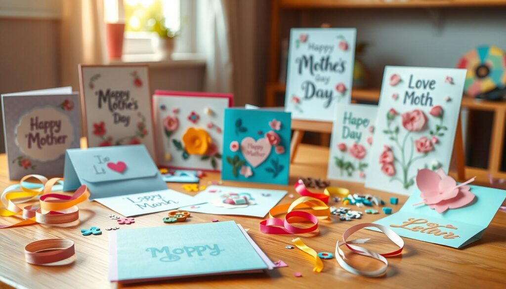 A vibrant and playful scene of handmade Mother's Day cards, crafted with love and creativity. In the foreground, colorful paper, ribbons, and embellishments are scattered across a warm wooden table, inviting the viewer to imagine the cards-in-progress. The middle ground features a variety of whimsical card designs, each one unique with heartfelt messages, intricate patterns, and delicate floral motifs. Soft, natural lighting filters through a window, casting a gentle glow and creating a cozy, inspirational atmosphere. The background blurs into a serene, tranquil space, allowing the focus to remain on the joyful act of card-making for a beloved mother.