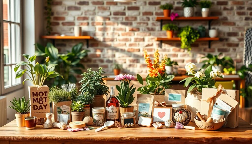 A vibrant and whimsical arrangement of alternative Mother's Day gift ideas for 2025, showcased in a cozy and inviting studio setting. In the foreground, an array of handmade trinkets, DIY crafts, and eco-friendly products are displayed on a rustic wooden table, bathed in warm, natural lighting. In the middle ground, a collection of lush, flourishing potted plants and flowers add a touch of life and color. The background features a minimalist, yet stylish, backdrop with a mix of textures, such as exposed brick and floating shelves, creating a harmonious and visually appealing composition. The overall mood is one of creativity, thoughtfulness, and a celebration of motherhood.