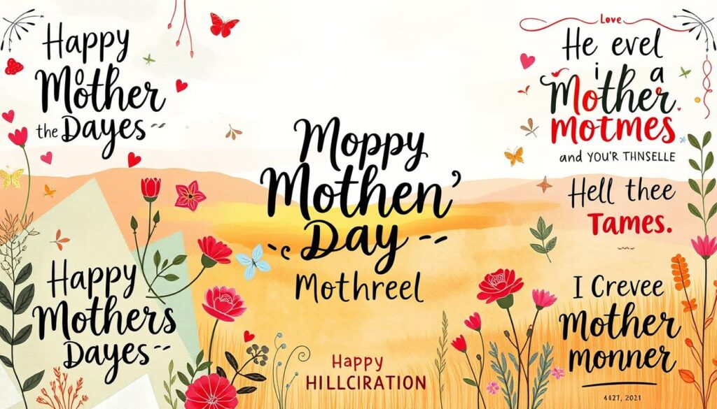 A vibrant and whimsical collage showcasing creative typography techniques for crafting engaging Mother's Day quotes. In the foreground, various hand-lettered and calligraphic elements dance across the frame, their strokes and layouts conveying a sense of playfulness and joy. The middle ground features a colorful array of geometric shapes, patterns, and textures that frame and complement the typographic elements. In the background, a soft, watercolor-inspired landscape provides a dreamlike, inspirational setting, hinting at the emotional resonance of heartfelt messages. Warm, diffused lighting bathes the entire scene, creating a cozy, inviting atmosphere that captures the spirit of celebrating mothers with thoughtfully designed quotes.