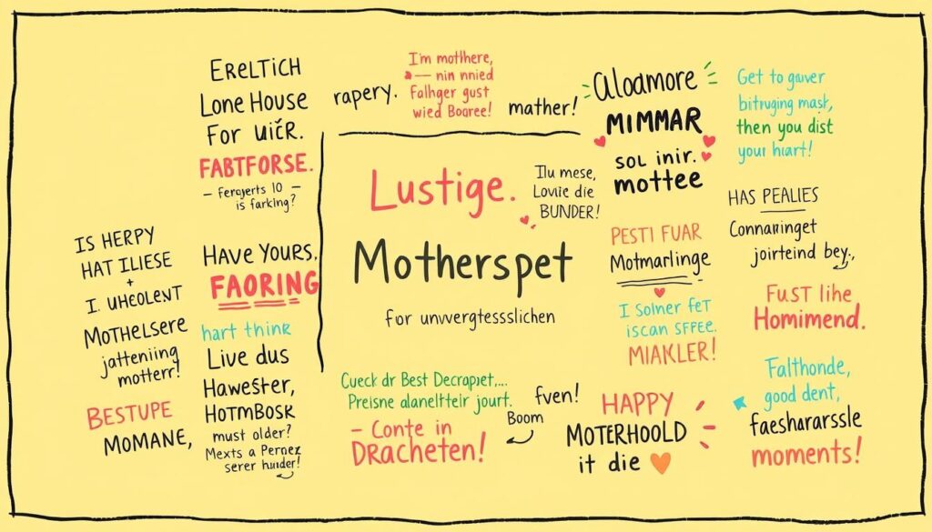 A vibrant and whimsical illustration depicting a collage of humorous quotes and sayings against a warm, cheerful background. The foreground features an assortment of handwritten, colorful typographic designs, showcasing funny, relatable phrases about motherhood and cherished moments. The middle ground includes a playful, sketchy border or frame, adding a playful, hand-drawn aesthetic. The background has a soft, pastel gradient or pattern, creating a lighthearted, joyful atmosphere. The overall composition has a lively, illustrated feel, capturing the spirit of the "Lustige Muttertagssprüche für die unvergesslichen Momente" theme.