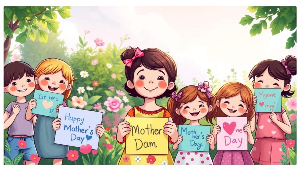 A vibrant and whimsical illustration of Mother's Day messages from children. In the foreground, a group of young kids, each holding handmade cards or drawings expressing their heartfelt appreciation for their mother. Their joyful expressions and colorful artwork capture the warmth and innocence of the occasion. In the middle ground, a lush, verdant garden setting, with blooming flowers and a soft, diffused natural light creating a serene ambiance. In the background, a pastel-hued sky with wispy clouds, conveying a sense of tranquility and celebration. The overall scene radiates a feeling of love, gratitude, and the special bond between mothers and their children.