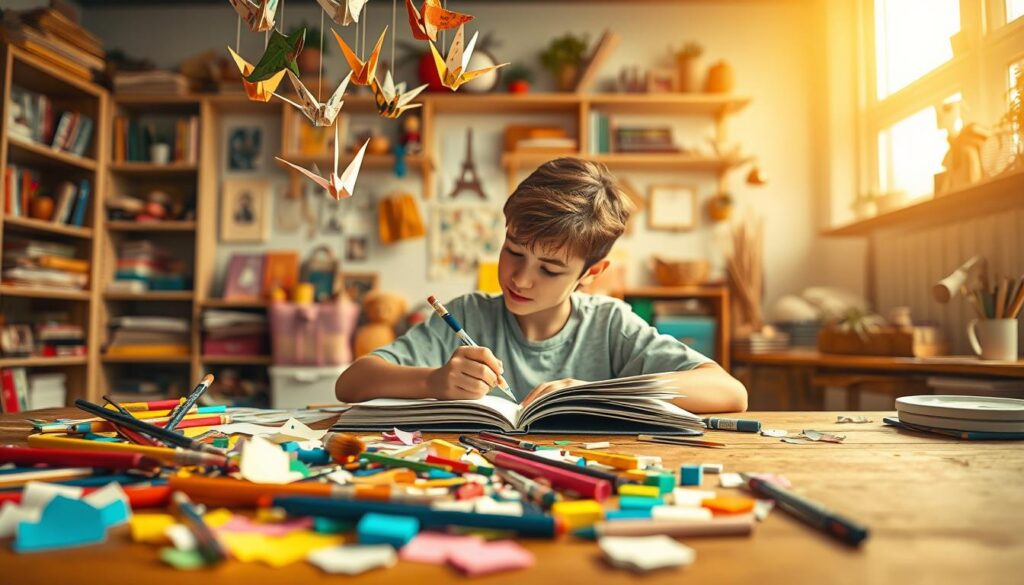 A vibrant and whimsical scene of creative communication. In the foreground, a colorful array of artistic tools - paintbrushes, pencils, markers, and scraps of colorful paper scattered across a wooden table. Overhead, a mobile of origami cranes takes flight, casting playful shadows. The middle ground features a young person, head tilted in thought, sketching intently on a large sketchpad. Warm, diffused lighting fills the room, illuminating the playful, imaginative atmosphere. In the background, shelves brimming with books, trinkets, and inspiring mementos, hinting at a space of discovery and self-expression. The overall mood is one of joyful, innovative energy - a visual embodiment of "kreative Übermittlung".