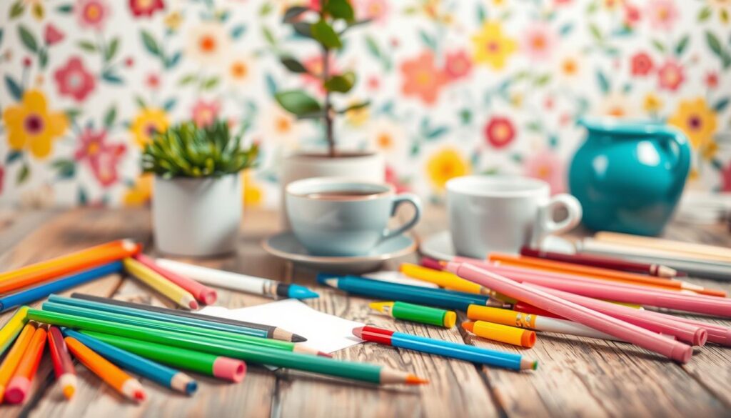 A vibrant and whimsical scene showcasing creative tips for crafting heartfelt Mother's Day messages. In the foreground, a collection of colorful pens, paintbrushes, and other artistic supplies sprawl across a rustic wooden table, hinting at the imaginative process. In the middle ground, a serene potted plant and a calming cup of tea set the stage for thoughtful reflection. The background features a cheerful floral pattern, evoking the warmth and joy of the occasion. Soft, diffused lighting casts a warm, inviting glow, capturing the essence of crafting personalized expressions of love and appreciation for a beloved mother figure. The overall composition exudes a sense of creativity, comfort, and heartfelt sentiment.