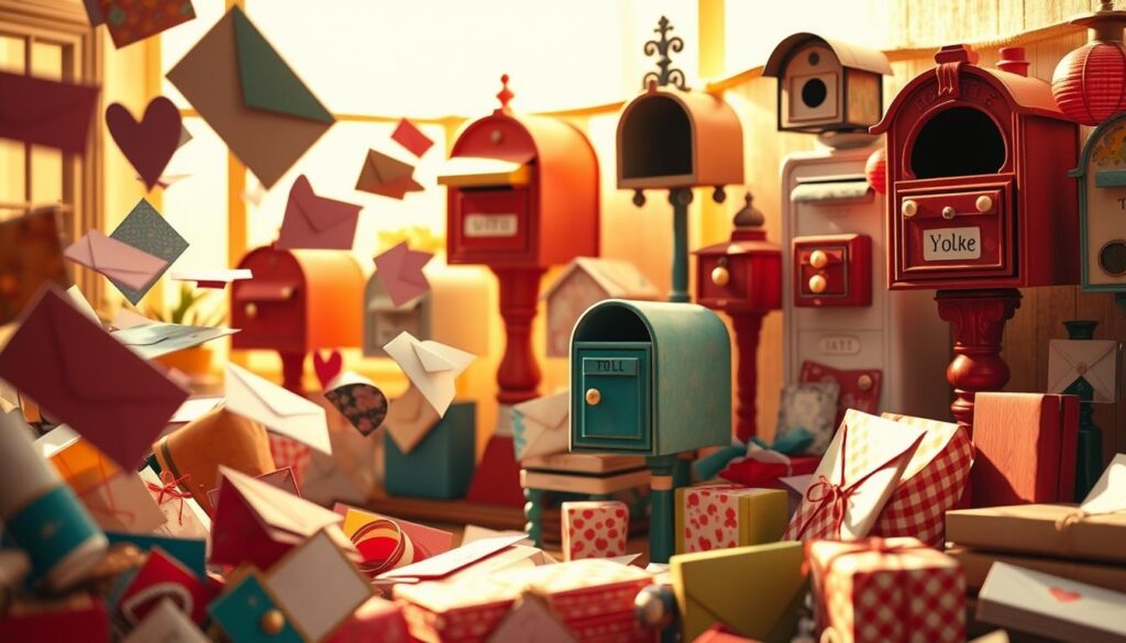 A vibrant array of creative mailing methods, captured in a whimsical scene. In the foreground, a playful assortment of envelopes, packages, and parcels float weightlessly, their vibrant colors and patterns evoking a sense of joy and imagination. In the middle ground, a series of vintage-inspired mailboxes and postboxes stand tall, each uniquely designed to deliver messages of love and appreciation. The background is bathed in a warm, golden light, casting a cozy and inviting atmosphere, as if the scene is set in a cozy corner of a quaint village. The overall composition conveys a sense of thoughtfulness, care, and the joy of sending heartfelt messages to loved ones.