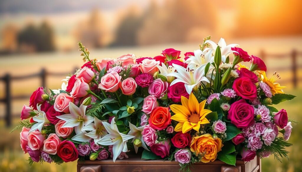 A vibrant array of freshly cut flowers, including lush bouquets of roses, lilies, and carnations, arranged with care and attention. The bouquets are set against a softly blurred, pastoral backdrop, with a warm, golden-hour lighting that casts a gentle glow over the scene. The flowers are displayed on a simple wooden table or pedestal, allowing their natural beauty and rich colors to take center stage. The overall composition conveys a sense of gratitude, appreciation, and thoughtfulness, perfectly capturing the sentiment of "Blumen Dankbarkeit Geschenkideen" for a Mother's Day celebration.