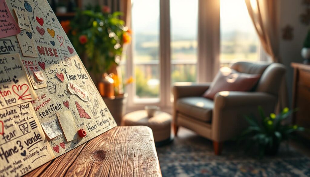 A vibrant, artful scene showcasing the creative integration of heartfelt messages within the everyday. In the foreground, a collage of handwritten notes, doodles, and scribbles adorns a weathered wooden surface, radiating warmth and personal expression. The middle ground features a cozy domestic setting, with a cozy armchair, a mug of steaming tea, and a window overlooking a lush, sun-dappled garden. The background is a soft, blurred landscape, evoking a sense of tranquility and introspection. Subtle lighting casts a gentle glow, highlighting the tactile quality of the handmade elements and the intimate, inviting atmosphere. Lens: 50mm, Aperture: f/2.8, Shutter Speed: 1/125s.