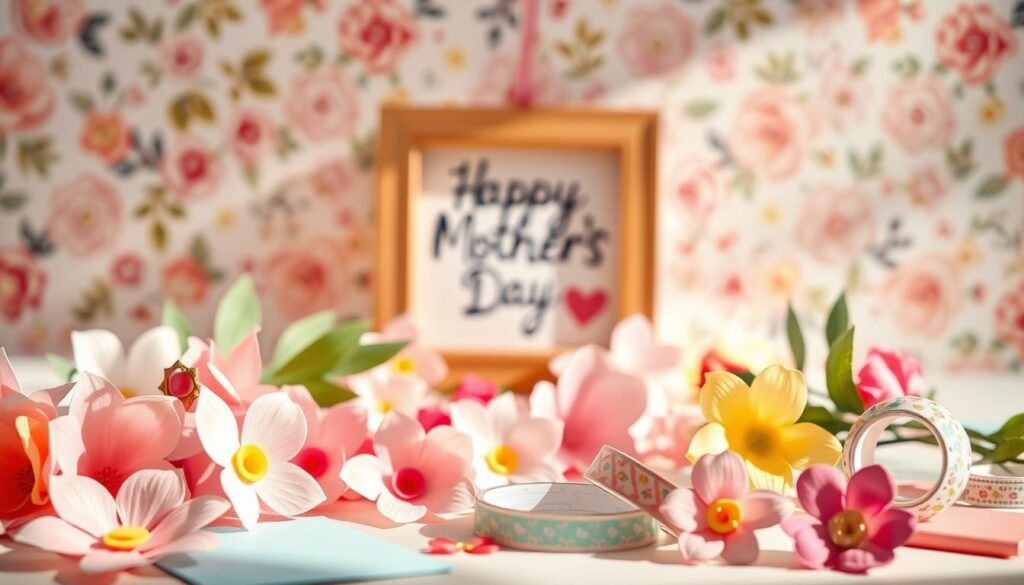A vibrant, artfully arranged still life of handmade Mother's Day crafts and decorations. In the foreground, a collection of delicate paper flowers, colorful card stock, and decorative washi tape. In the midground, a crafted wooden frame holding a heartfelt message. The background features a soft, blurred floral pattern in subtle pastel hues, evoking the warm, sentimental tone of the holiday. Soft, natural lighting illuminates the scene, casting gentle shadows and highlights the intricate textures of the homemade elements. The overall composition conveys a sense of care, creativity, and thoughtfulness - the perfect illustration for a section on "Special Crafting Ideas for Mother's Day".
