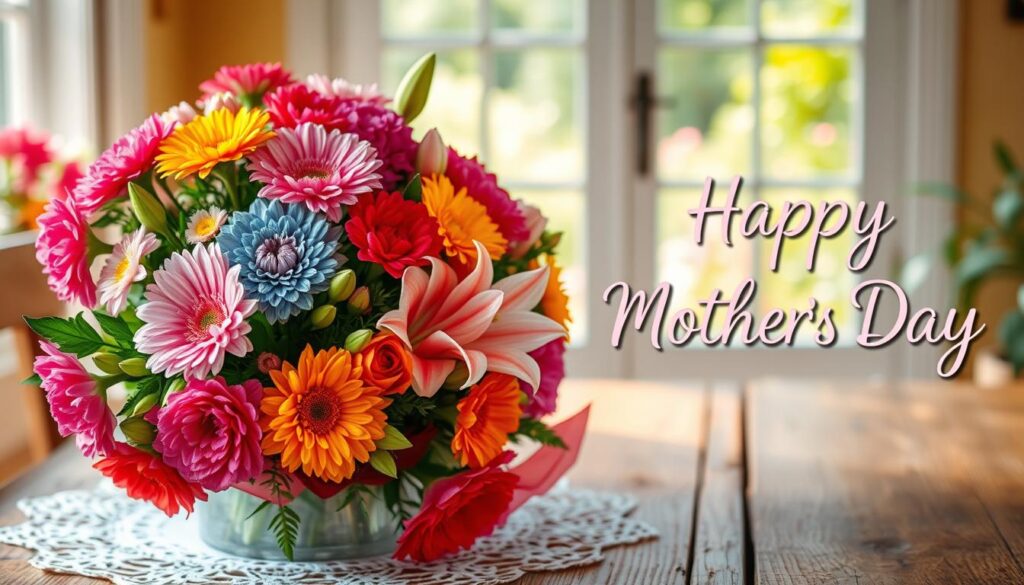 A vibrant bouquet of colorful flowers in a warm, natural light setting. The foreground features an elegant arrangement of freshly picked carnations, lilies, and roses, their petals gently unfurled. The middle ground showcases a rustic wooden table, its surface adorned with a delicate lace doily. In the background, a softly blurred window frames a sun-dappled garden, hinting at the outdoorsy, serene atmosphere. The overall scene conveys a sense of warmth, joy, and appreciation, perfectly suited to celebrate the special occasion of Mother's Day.